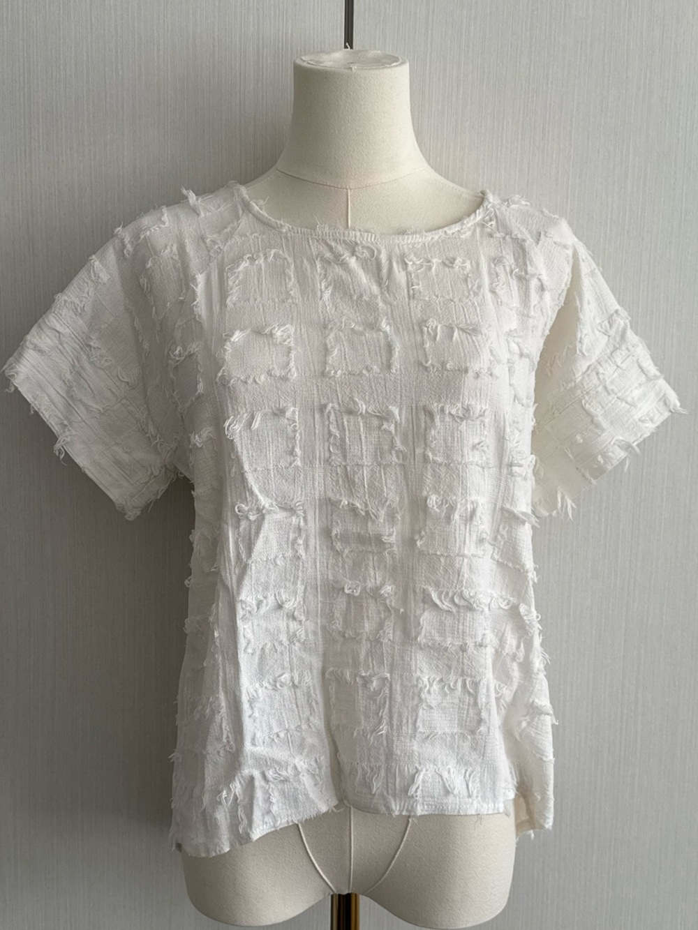 Ellison White Short Sleeve Textured Fringe Box-Pattern Top